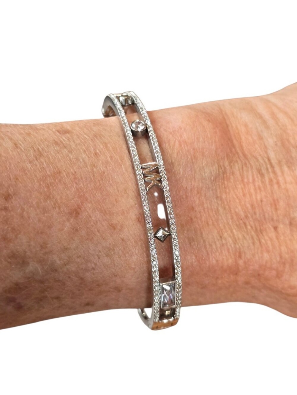 Michael Kors Heritage Collection MK Crystal Silvertone Bangle Bracelet